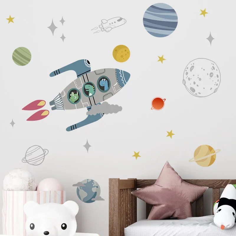 Rocket Ship Astronaut Creative Vinyl Wall Sticker For Boy Room Decoration Outer Space DIY Wall Decal Nursery Kids Bedroom Decor