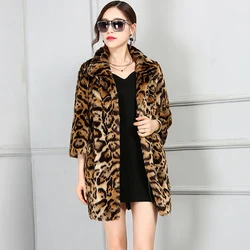 Leopard Print Coat Women's Winter European and American Fashion 3/4 Sleeves Haining Imitation Fur Plush Coat Women's Mid-Length