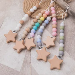 Clips de sucette en Silicone pour bébé, chaîne porte mannequin, Clips en bois étoile, perles, cadeau d'allaitement, accessoires pour nouveau né 