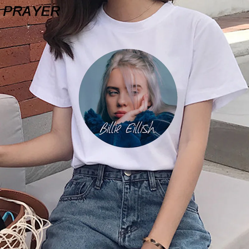 Уличная хипстерская белая Свободная Женская футболка Billie Eilish с принтом мягкий