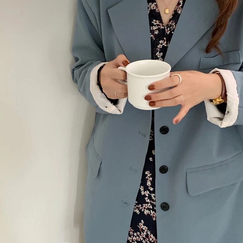 

Autumn Women Two 2 Piece Set Outfit Long Sleeve Single Breasted Turn Down Collar Coat and V-neck Long Floral Chiffon Casual Suit