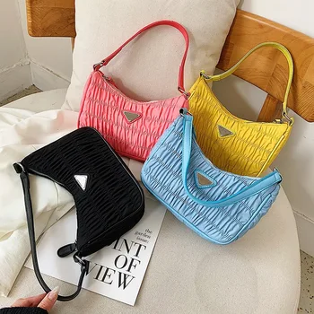 

Ruched Fashion Hand Bags For Women Luxury Nylon Handbag Female Designer Baguette Bag Mini Shoulder Bags Pleated Kendall Totes