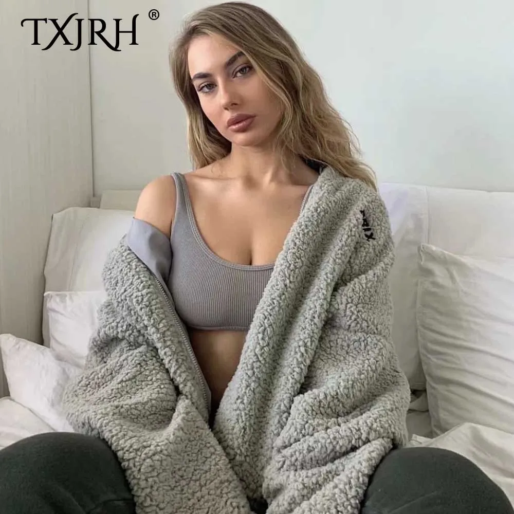 TXJRH,, Корея, надпись, мохнатая куртка с капюшоном из искусственного меха, пальто, модная женская теплая верхняя одежда, топы с завязками, 3 цвета