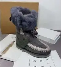 Шикарные зимние сапоги на меху; высокие сапоги до середины икры; зимняя теплая обувь из замши и кожи EVA на Плоском Каблуке; Цвет черный, бежевый; женские армейские ботинки - Цвет: Серый