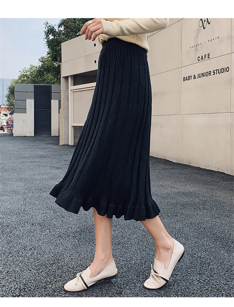 BGTEEVER Autumn Winter Cable Twist Women Knitted Skirts Thick Warm Midi Skirt Elastic Band High Waist Tulle Skirt for Women