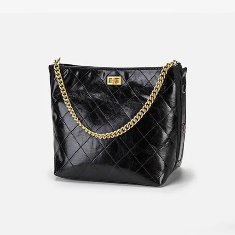

Small fragrant hippie bag leather women bag large capacity bucket bag rhombus chain bag