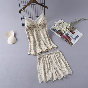 

Leopard Print 2PCS Summer Pajamas Set Young Lady Sweet Lace Trim Sleepwear Sexy V-Neck Backless Home Clothes Faux Silk Nightwear