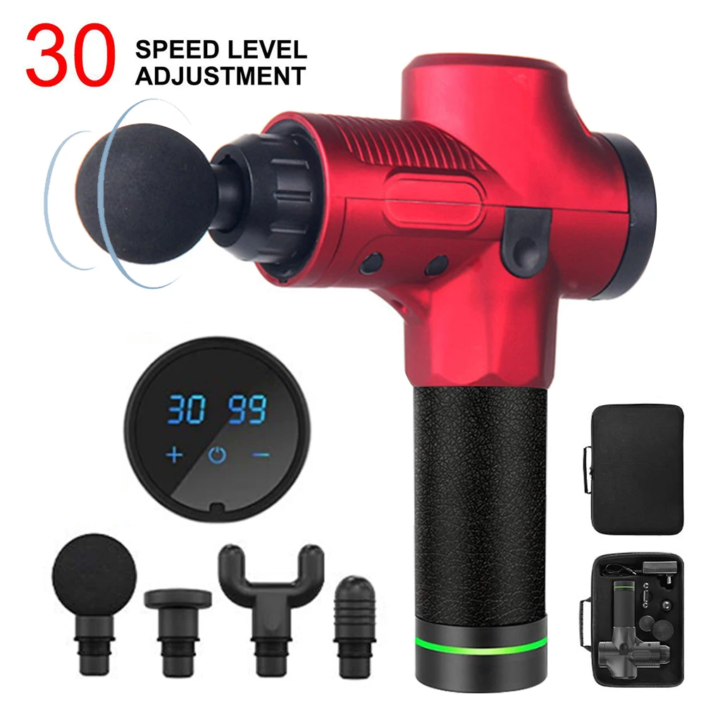 Red US Plug Массажный пистолет для расслабления мышц электронный массажер с 4 головками ЖК-дисплей 30 Вибратор на несколько скоростей Упражнения Массаж мышц тела - Цвет: Red US Plug