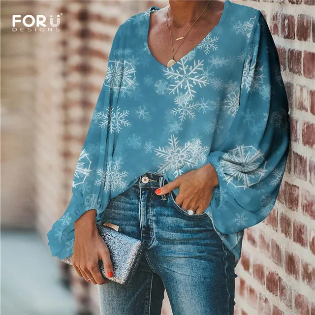 FORUDESIGNS/женские шифоновые блузки с v-образным вырезом, повседневные, с рукавом-шаром, красивые, с принтом снежинки, для девочек, мягкие, вечерние, для улицы, рубашки - Цвет: HML076B2