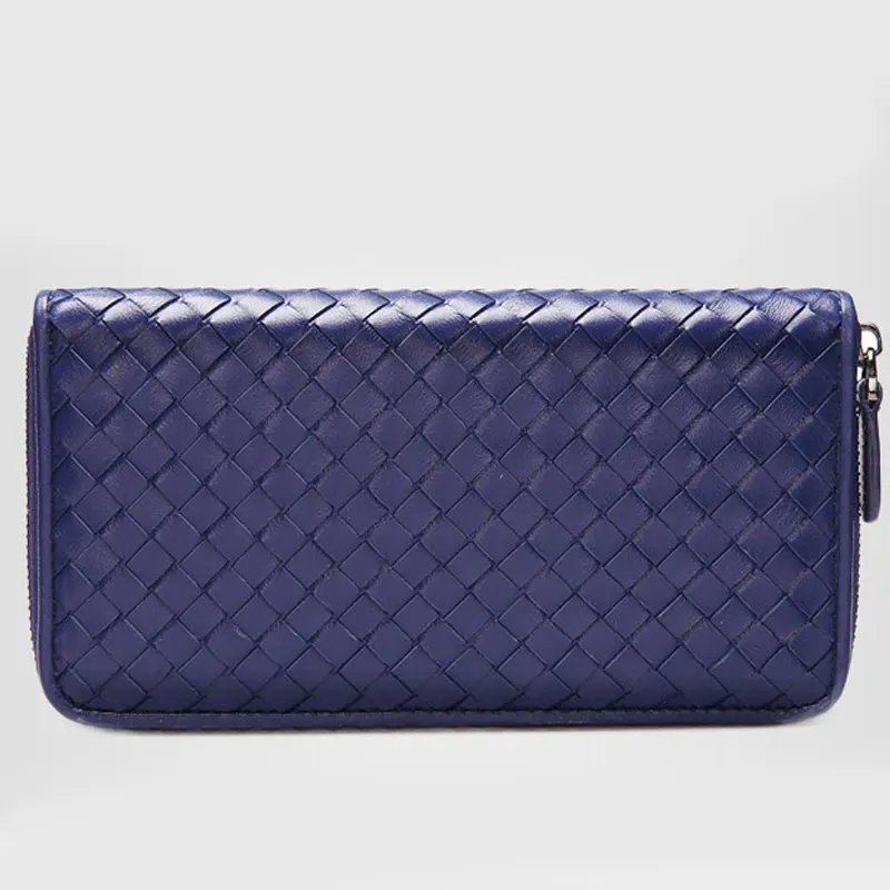 Genuine leather sheepskin woven wallet Women's long zip wallet European and American men's clutch - Цвет: Синий