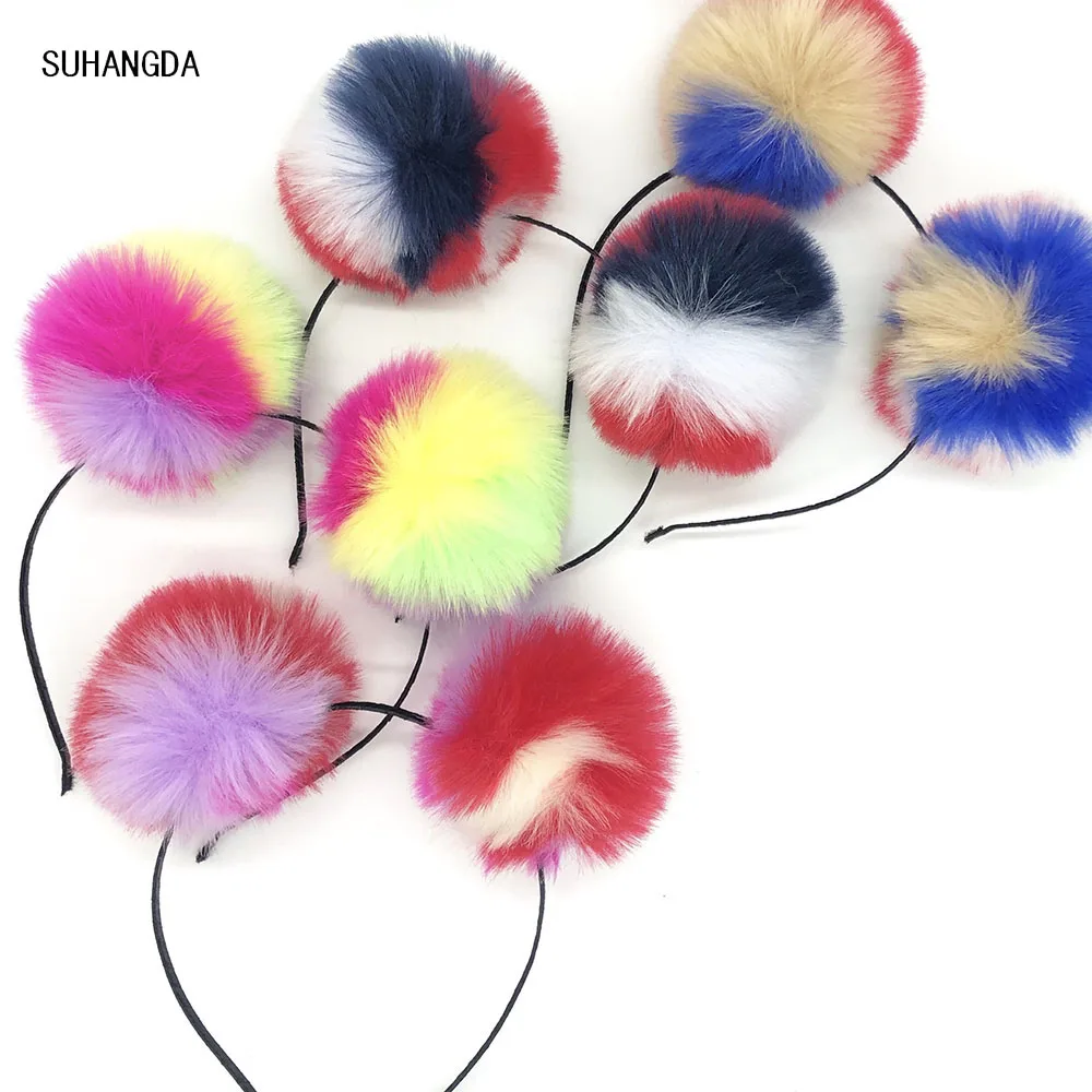 

Cute Panda Ears Hair Hoop Dual Big Bright Colorful Fluffy Pompom Ball Girls Headband Hairband Kawaii Hair Band Cat Ears Hoop