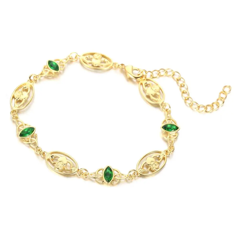 18K Gold KIVN модные ювелирные изделия зеленый CZ ирландский кельтский узел сердце Корона Claddagh браслеты для женщин девочек день рождения Акция подарки - Окраска металла: 18K Gold