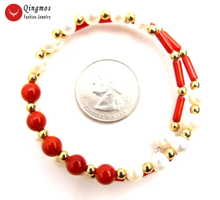 Qingmos модный толстый ломтик 3*9 мм натуральный красный коралловый браслет для женщин с 6 мм красный коралл 1" стальной провод ювелирный браслет