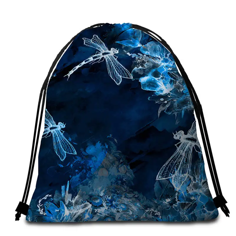 Постельное белье Outlet Стрекоза круглое пляжное полотенце 3D цветок лотоса большое полотенце с рюкзаком сумка насекомое Toalla кисточкой природа косметический коврик - Цвет: 005 - Bag