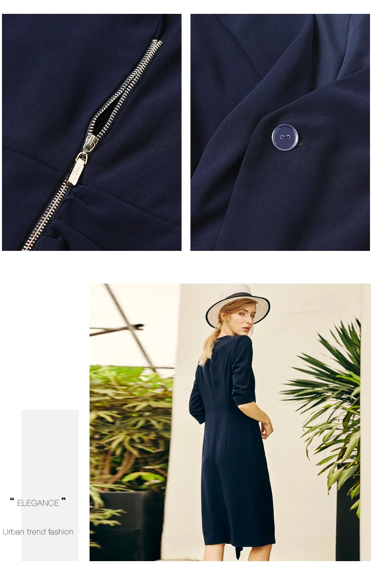 AOFULI L/XL/2XL на молнии гофрированное женское платье асимметричного кроя осень v-образный вырез с коротким рукавом офисное женское темно-синее платье A4063