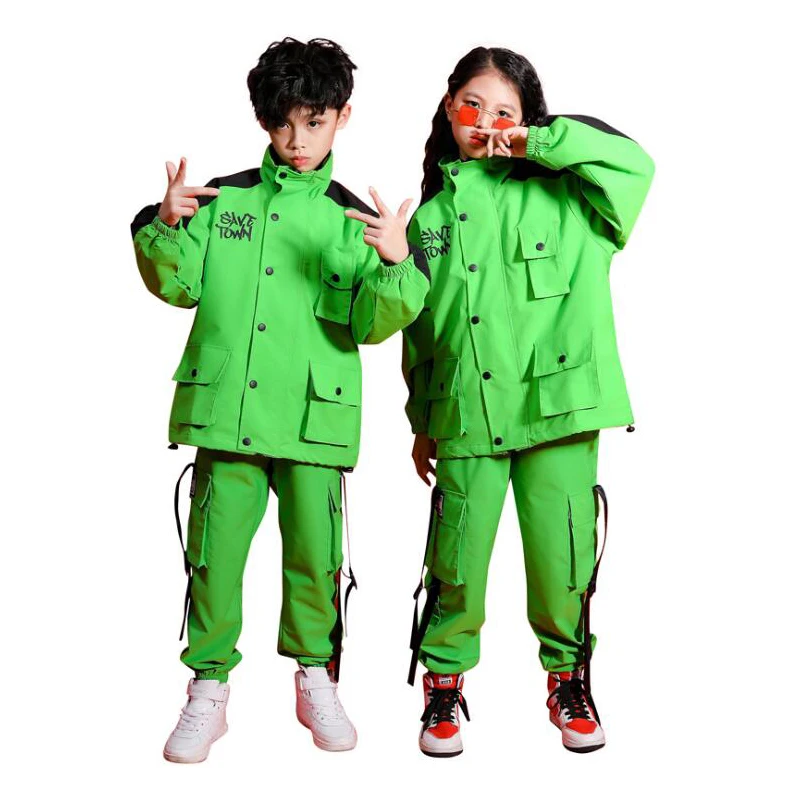 Детская классная зеленая Одежда для танцев в стиле хип-хоп куртка с карманами верхняя одежда повседневные штаны-карго джазовый танцевальный костюм для девочек и мальчиков