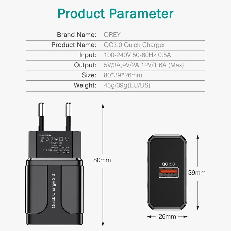 OREY 18 Вт быстрое зарядное устройство QC 3,0 USB зарядное устройство для iPhone X Xr Quick Charge 3,0 для samsung S10 Plus Xiaomi Mi 9 зарядное устройство для телефона