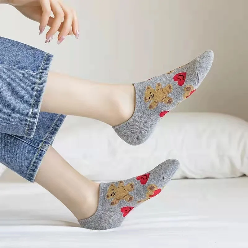 4 Pairs Of Ladies Socks Cartoon Silicone Non-slip Breathable Invisible Pure Cotton Ankle Boots Socks Women Soft Slippers Socks