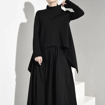 

[EAM] 2020 New Spring Autumn High Collar Long Sleeve Black Irregular Hem Loose Big Size Sweatshirt Women Fashion Tide JK3970