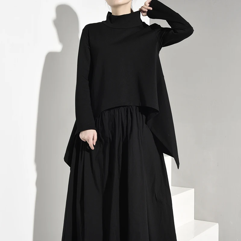 

[EAM] 2019 New Autumn Winter High Collar Long Sleeve Black Irregular Hem Loose Big Size Sweatshirt Women Fashion Tide JK3970