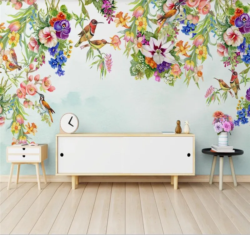 XUE SU Large custom mural wallpaper Nordic hand-painted flowers and birds lily background wall decoration painting meticulous painting line draft round fan line drawing copying manuscript chinese baimiao painting flowers birds drawing draft