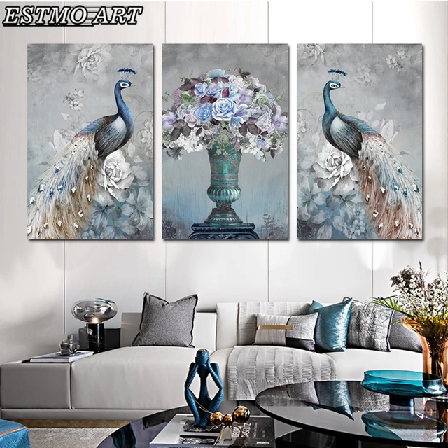 Blue and Gray Floral Canvas Art Prints, Set of 3