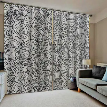 

Black and white draw simple curtain 3D Curtain Printing Blockout Polyester blackout curtains