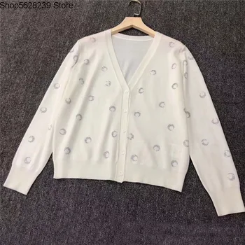 

High Quality Joker Age Reduction 100 Beautiful Nuo Pure Wool Heavy Industry Crescent Hot Drilling V Collar Knitting Cardigan