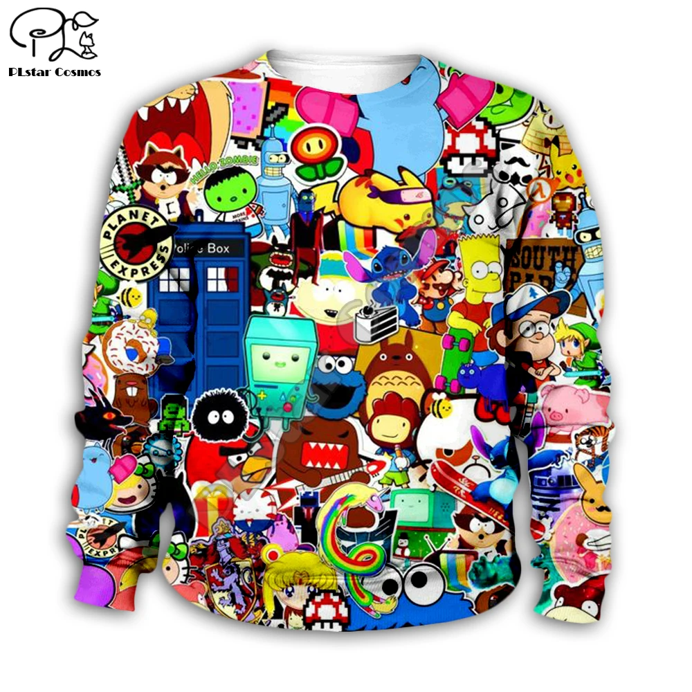 90s Cartoon Gang Character collage 3d Hoodies Children zipper Long Sleeve Pullover Cartoon Sweatshirt /pants/family-2