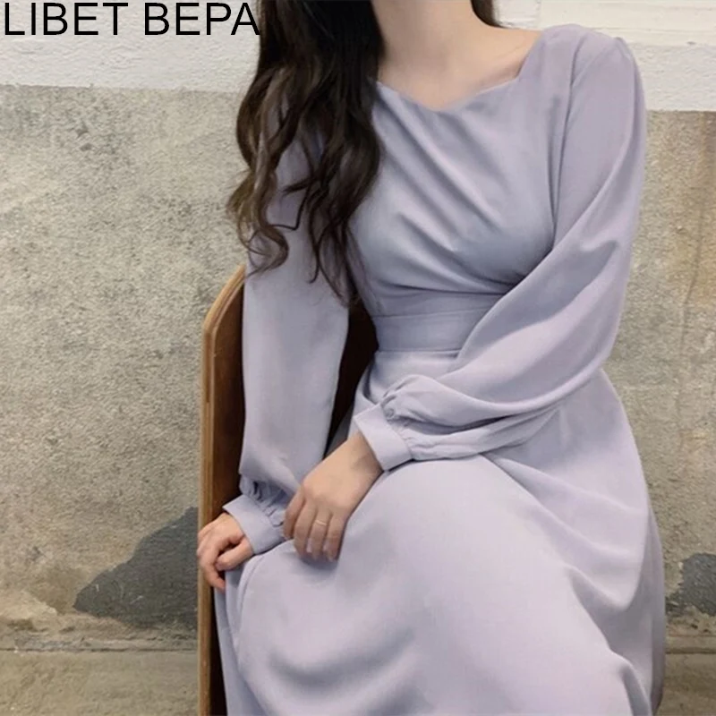 2020 New Spring Autumn Women Dresses V-Neck Lace Up High Waist Solid Oversize Korean Elegant Vintage Ladies Midi DR2191 | Женская одежда