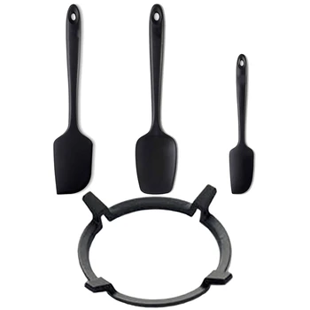 

NEW-3Pcs Black Silicone Spatula Set 600 Fahrenheit Heat-Resistant & 1Pcs Black Wok Stands Cast Iron