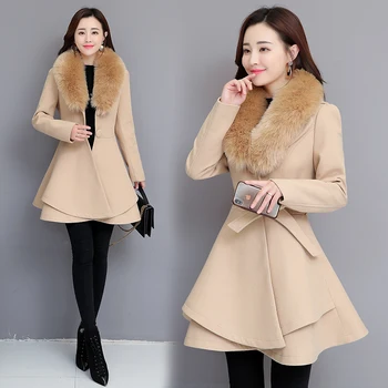 

2019 autumn and winter fashion new mid-length female fur collar woolen coat women V-Neck Bow Sashes Regular