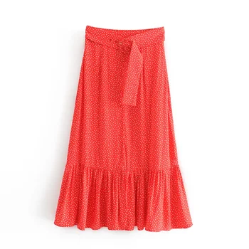 

2020 summer women's new French high waist wild button decoration ruffled wave point temperament with belt mid-length skirt
