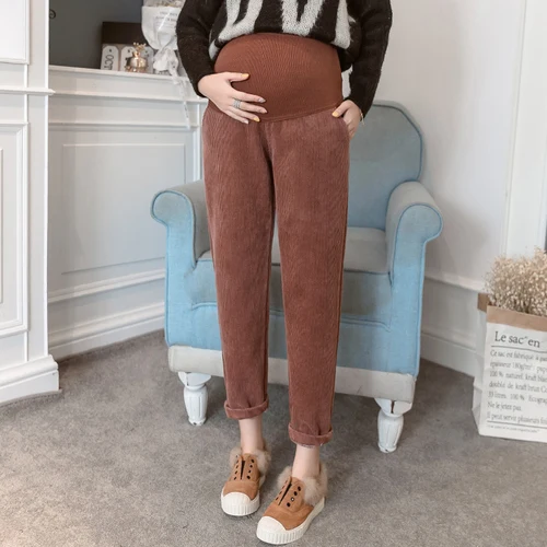 Dark Brown Зимние вельветовые Теплые брюки для беременных женщин; вельветовые брюки с подъемом живота; Одежда для беременных женщин; повседневные брюки; осенние брюки - Цвет: Dark Brown