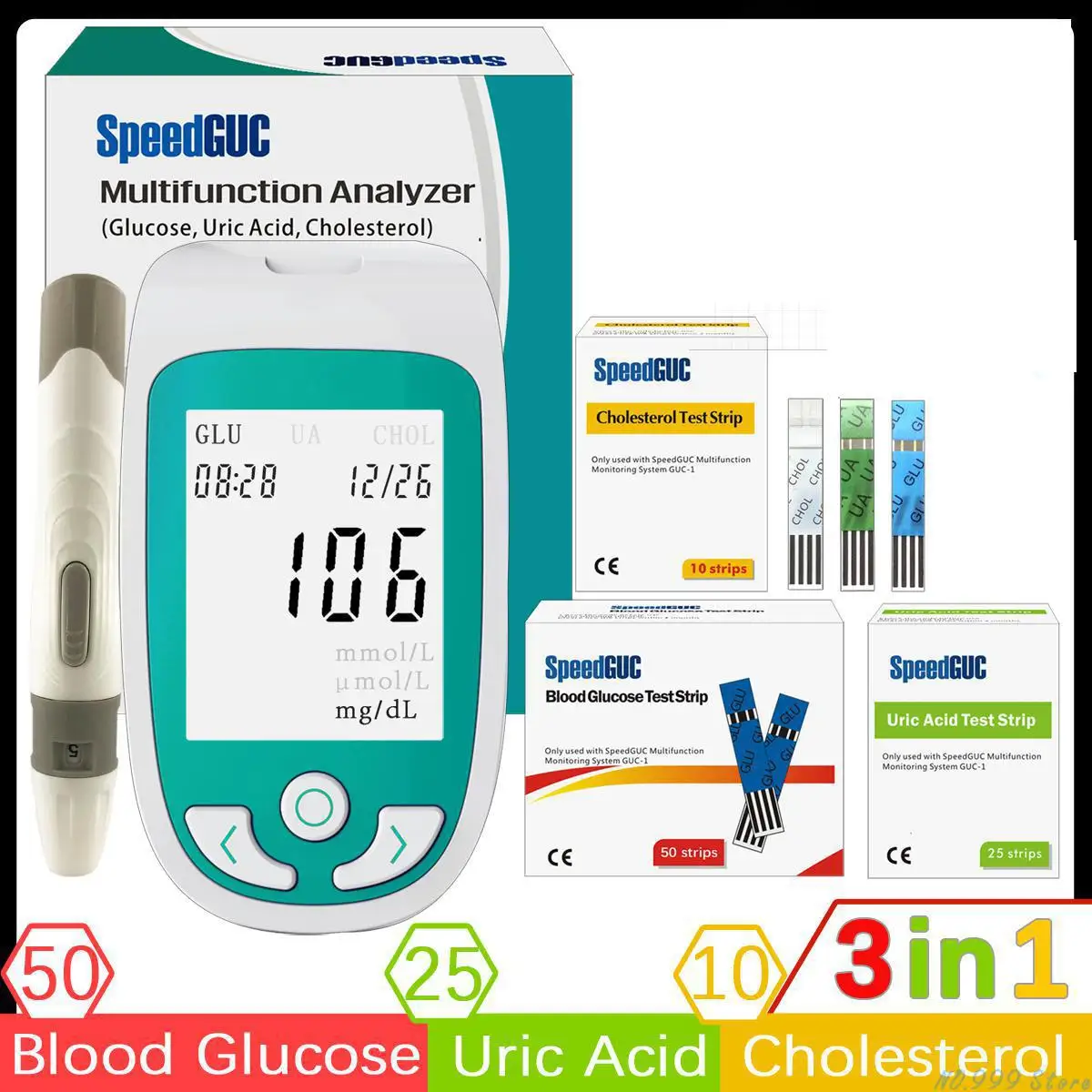 3 In1 Multi-function Diabetes Gout Device&amplancets Cholesterol Test Strips&ampuric Acid Strips&ampblood Glucose Strips | Красота и