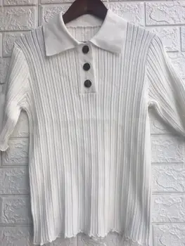 

Turn Down Collar Collar Women's T Shirt Ladies Knitted Short Sleeve Tee Female Stripes Pullover Top