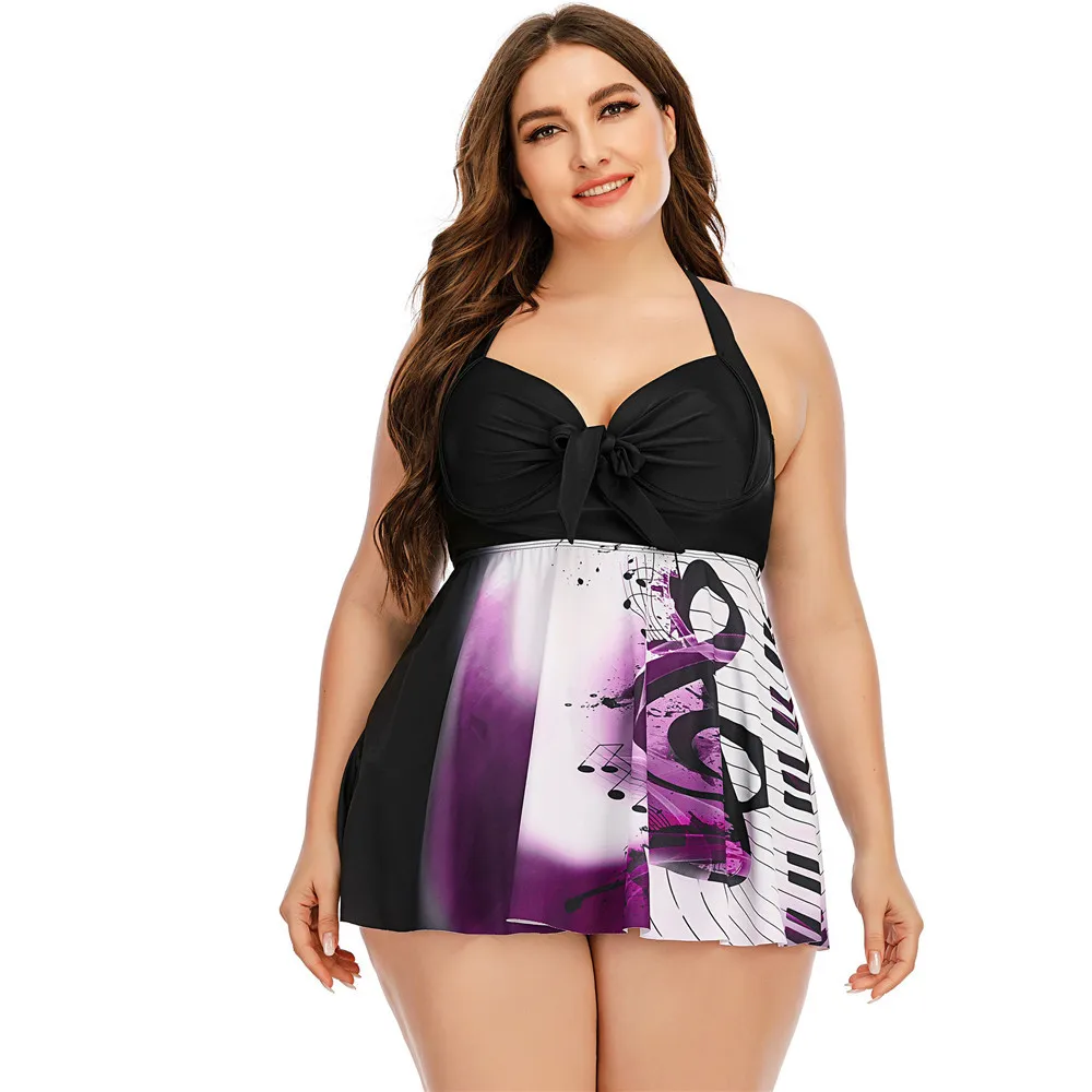 

2021 Ladies Swimming Suits Big XL to 5XL Beachwear Piano Keys/Music Symbols Print Women Swim Dress Plus Size Female Swimwear 4XL