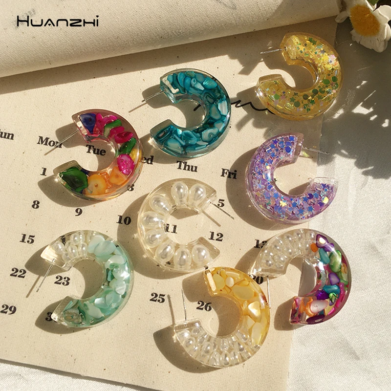 Серьги-кольца HUANZHI женские корейские геометрические цветные прозрачные