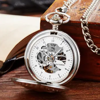 

OYW Hand Winding Mechanical Men Pocket watch Vintage Silver Skeleton Dial Fob Watch Fashion Necklace Chain Watch Weeding Gifts