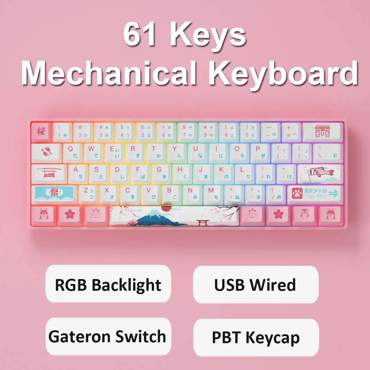 US $79.99 AKKO3061S Tokyo R2 RGB USB Wired Mechanical Gaming Keyboard 61 Keys Gateron Switch PBT Japanese Keycap Mechanical Keyboards