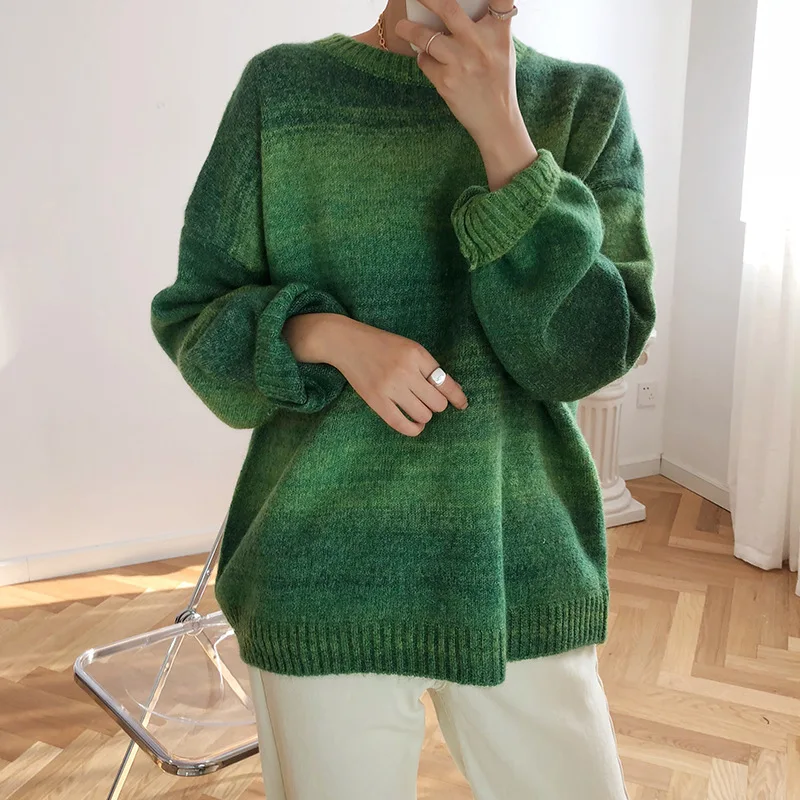 Striped Rainbow Mohair Jumper Women Autumn Winter Loose Gradient Color Knitting Sweaters and Pullovers Lantern Sleeve Coat Tops | Женская
