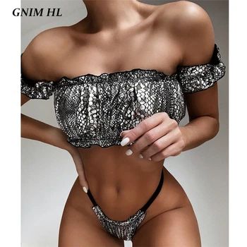 

GNIM Shiny Thong Bikini Mujer 2020 Sexy Off Shoulder Swimwear Women Two Pieces Fold Bandeau Swimsuit Summer Bathing Suit Biquini