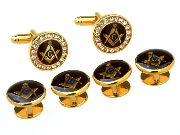 Gold-Crystal-Freemason-Tuxedo-Cufflinks-Collar-Studs-Set-6pcs-Set-Masonic-Free-Mason-Cuff-Links-Stud