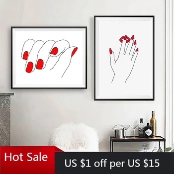 Kaufen Mädchen Rot Nägel Linie Hand Zeichnung Kunst Leinwand Malerei Manicurist Geschenke Nagel Salon Wand Kunst Poster Druckt Schönheit Salon Zimmer Wand D