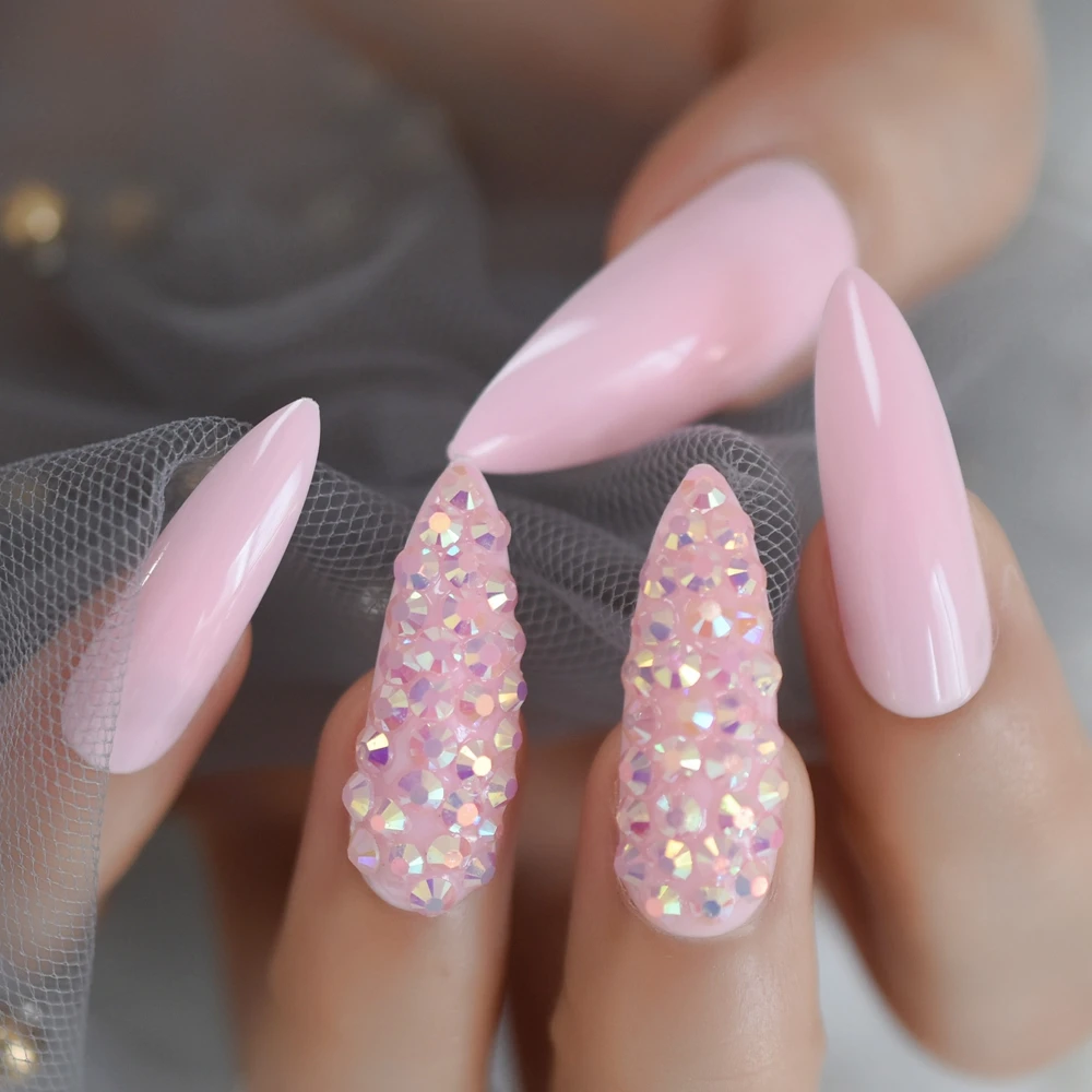 Длинные розовые стразы 3D Поддельные Кончики ногтей сверкающие стилеты блестящие полное покрытие накладные ногти Великолепные Длинные Острые кончики для ногтей