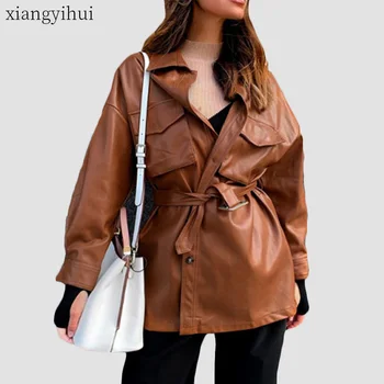 

Long Winter Pu Leather Shirt Women Thick Autumn Outwear Blouses Female Motorcyle Leather Shirts with Sash Loose Blouse and Tops