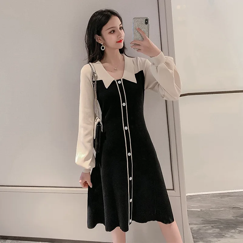 

[Photo Shoot Two-color] Autumn And Winter Avocado Green Slim Fit A- line Skirt Fake Two-Piece Joint Jersey Dress Women's 3131