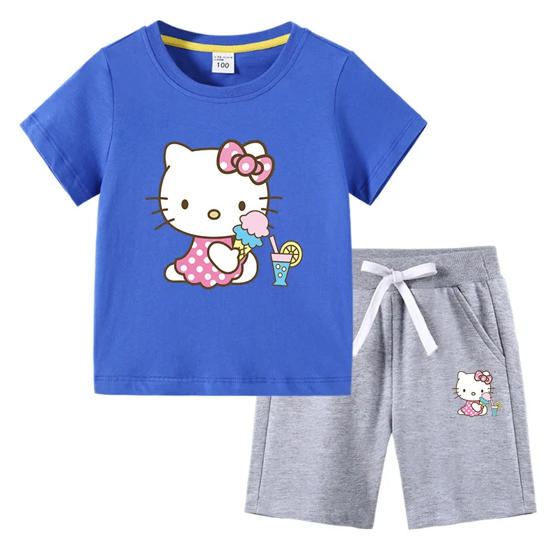 Hello Kitty verano niños pequeños de algodón de manga corta camiseta traje niños pantalones cortos de manga corta conjunto de dos piezas ropa para niños