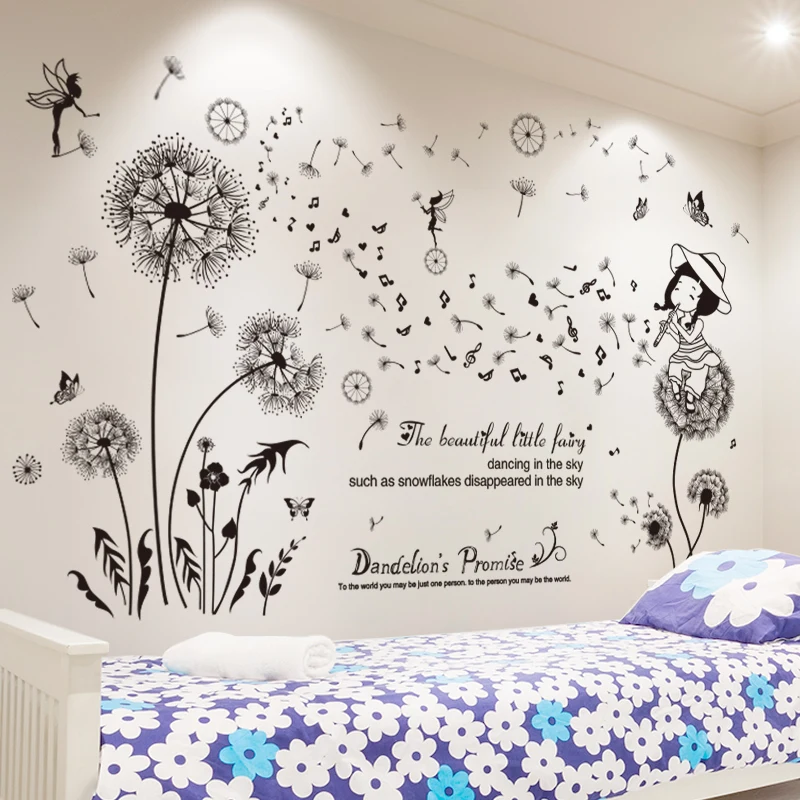 

[shijuekongjian] Black Color Dandelions Wall Stickers DIY Flowers Home Decor Sticker for Living Room Bedroom Nursery Decoration