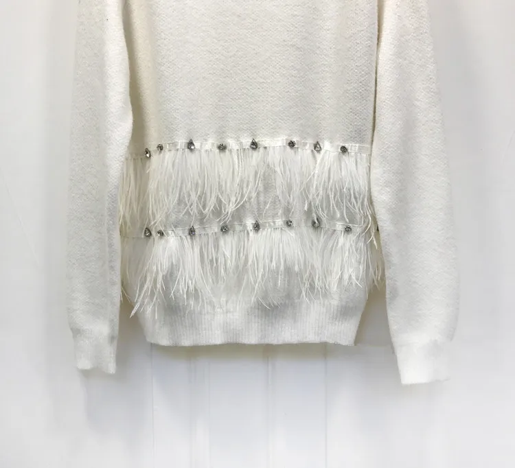 WHITNEY WANG осень зима мода уличная бриллианты страуса свитер с перьями женский джемпер пуловер mujer invierno